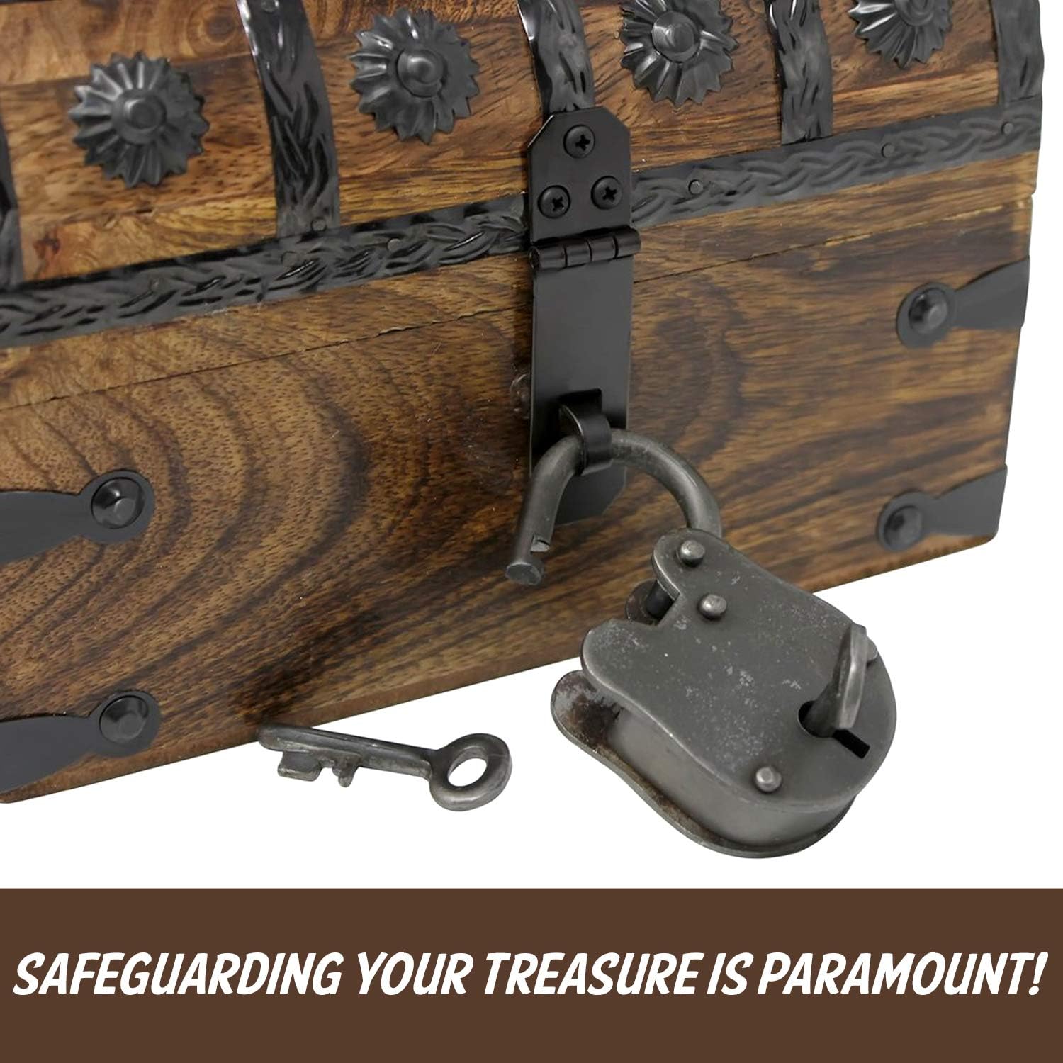 Nautical Cove Pirate Treasure Chest with Iron Lock and Skeleton Key - Storage and Decorative Box (X-Large 16 x 11 x 10.5)