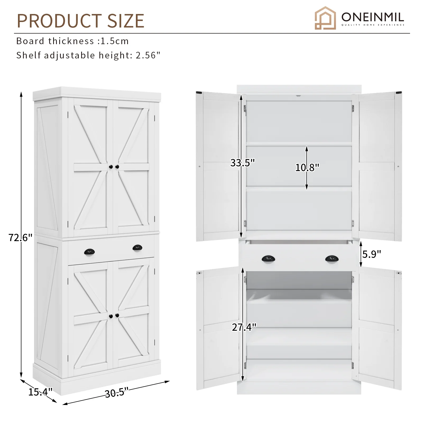 Oneinmil 72" Pantry Storage Cabinet, Tall Kitchen Pantry with Farmhouse Barn Doors for Kitchen, Rustic White
