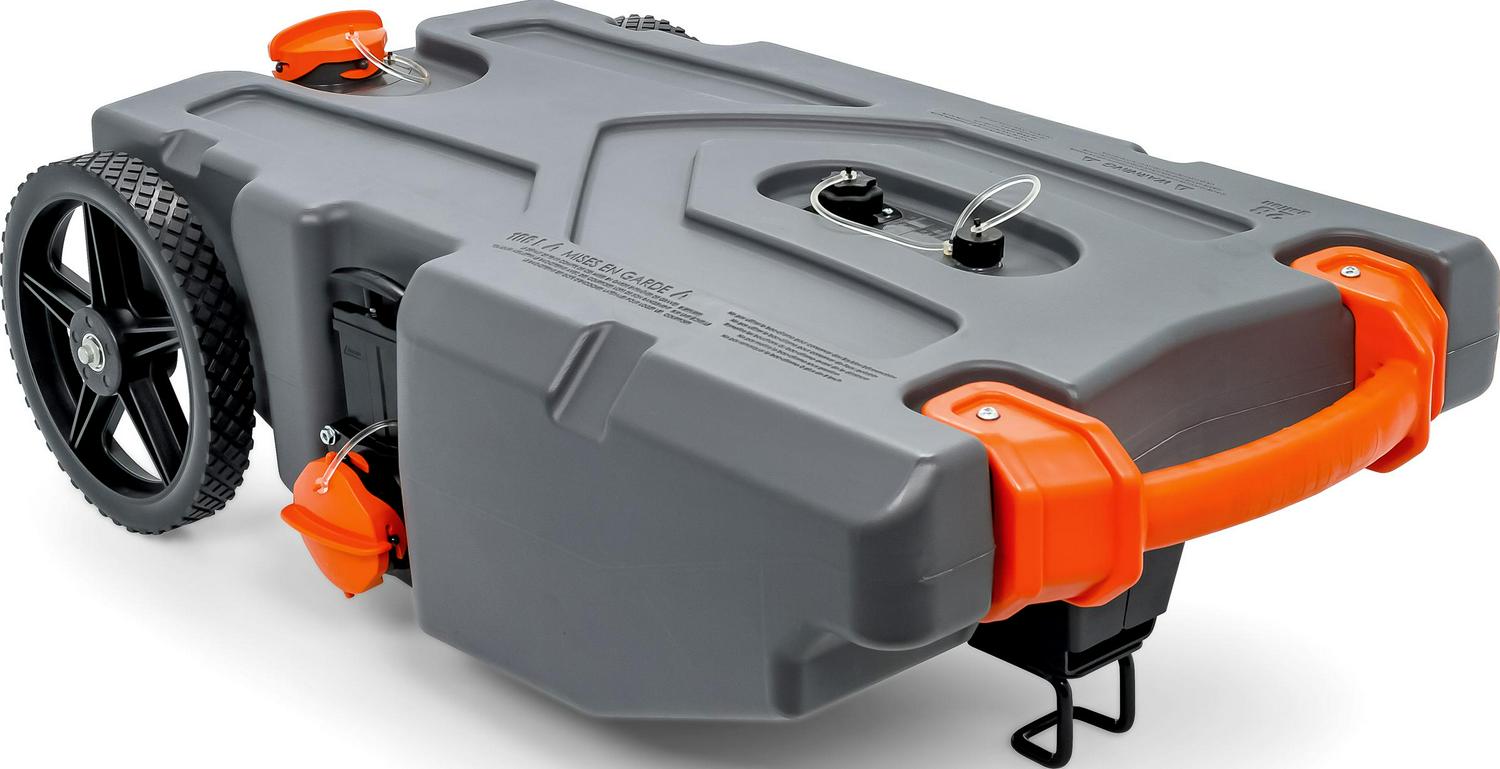 Camco Rhino Heavy Duty 28 Gallon Portable RV Waste Holding Tank with Hose and Accessories ?Durable Leak Free and Odorless RV Tote Tank (39004)