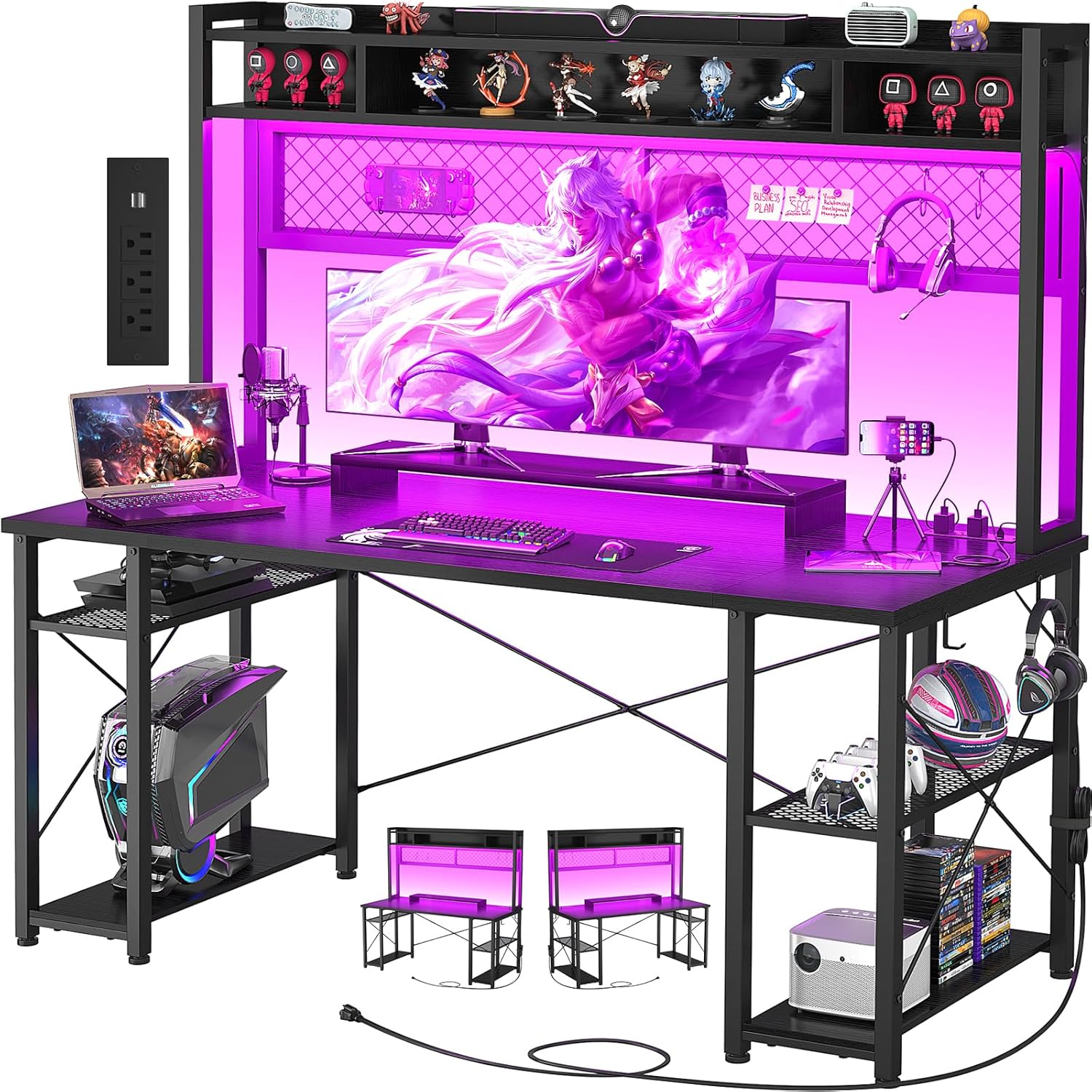 Gaming Desk with Hutch - 55 Inch Computer Desk with LED Lights & Power Outlet, Home Office Writing Desk with Storage Shelf and Monitor Stand, Black