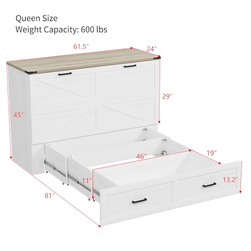 Wooden Murphy Cabinet Bed Frame with Charging Station, Full-Size Foldable Wall Bed with Large Storage Drawer for Home Apartment Limited Living Places, Space-Saving Hidden Bed No Box Spring Needed