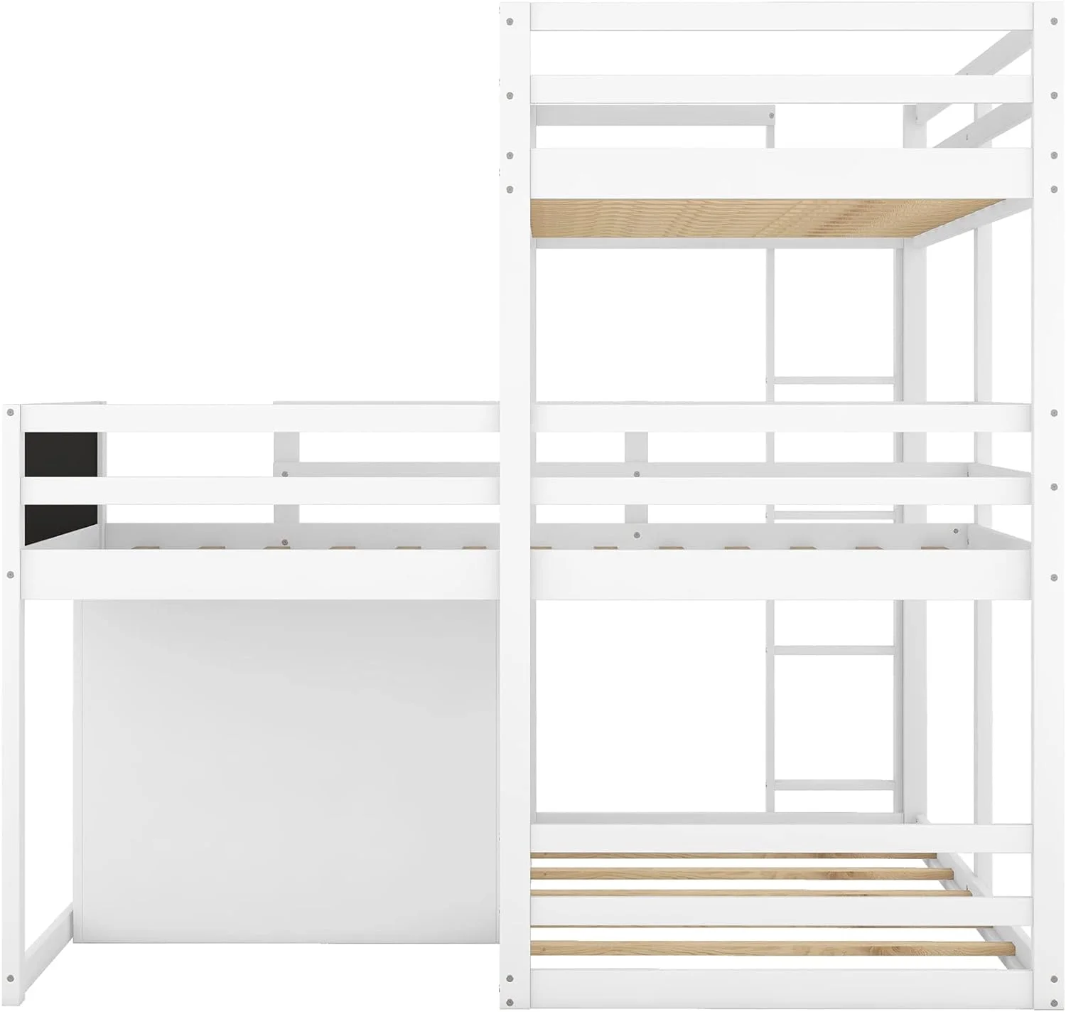 Size Triple Bunk Beds L-Shaped Bunk Beds With Cabinet, Blackboard And Ladder, 3 Bed In 1 Triple Bed Soli Wood Triple Bed For Kids And Teens (White)