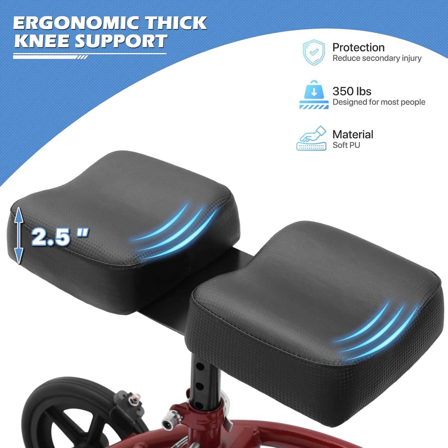 Knee Walker Compact Heavy Duty Roller Scooter Adjust Height 7.5'' Wheels Knee Scooter with Right Handbrake and 15" Length Knee Pad for Ankle and Foot Injured 350lbs Capacity, Red