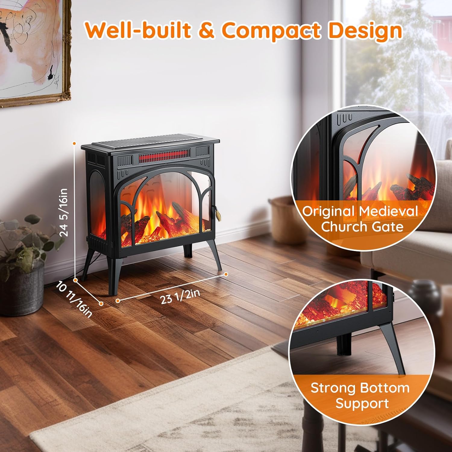 Rintuf Electric Fireplace Heater, 1500W Infrared Fireplace Stove Heater with 3D Flame Effect, 8H Timer, Space Heater Fireplace with Remote, Safety Protection, Freestanding for Indoor Use Large Room
