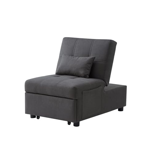 Recliner Chair, Futon Ottoman Sofa Bed with Adjustable Backrest, Modern Linen Upholstered Sleeper Sofa Couch with 1 Pillow and Side Pocket for Living Room Bedroom Apartment Office, Grey