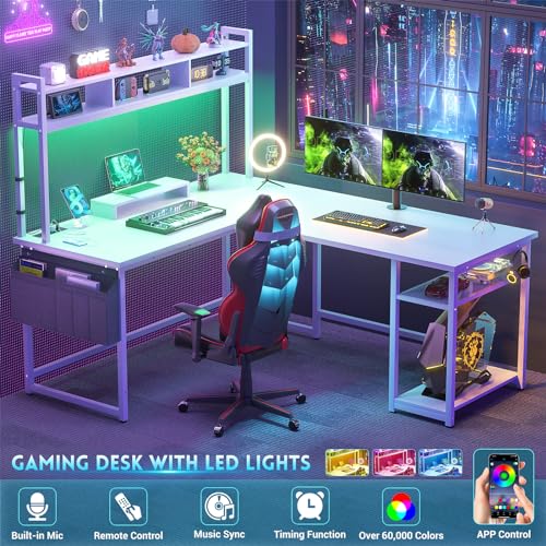 Aheaplus L Shaped Gaming Desk, 59" Gaming Desk with Power Outlet and Led Lights, Reversible L Shaped Computer Desk with Hutch & Monitor Stand, Home Office Desk L Shaped Corner Desk, White