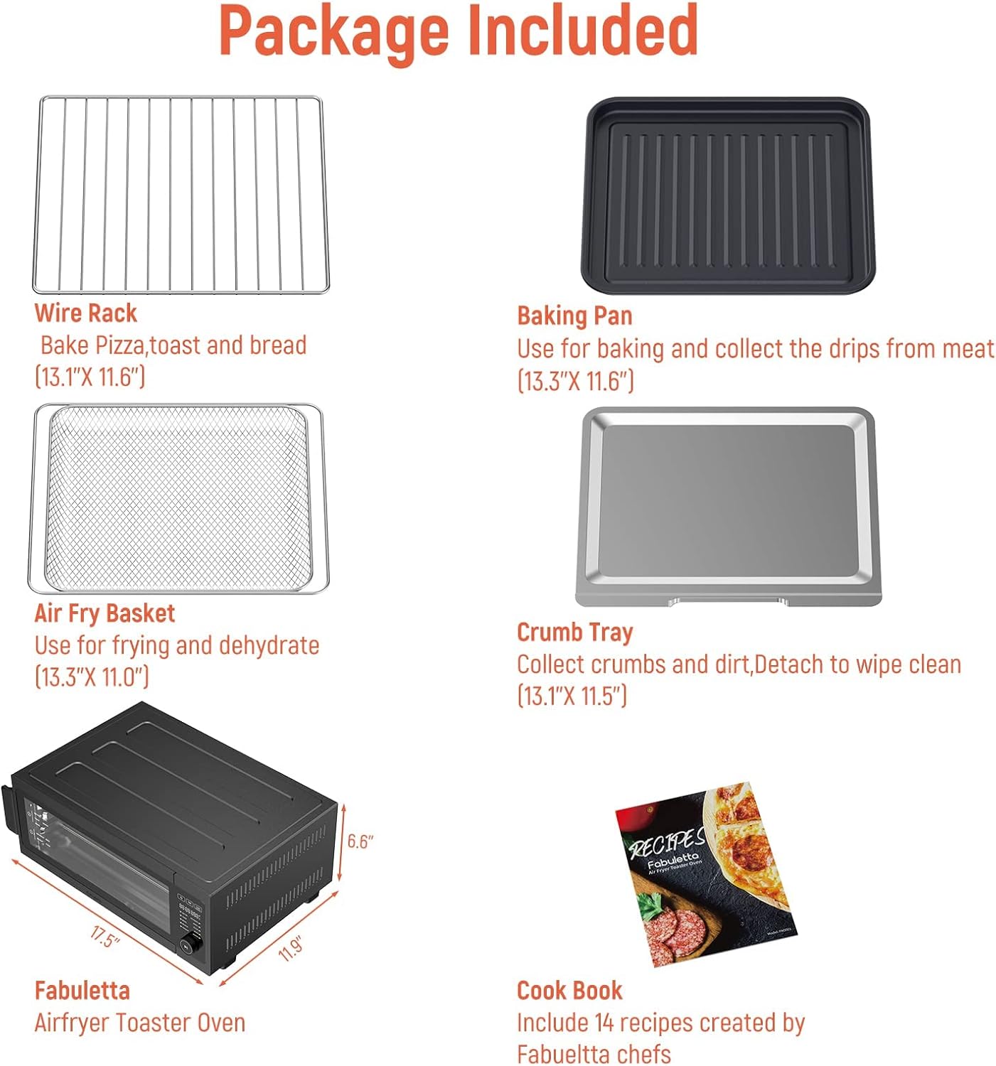 Air Fryer Toaster Oven Combo, Fabuletta 10-in-1 Countertop Convection Oven, Oil-Less Air Fryer Oven Fit 13" Pizza, 9 Slices Toast, 5 Accessories, 1800W, Dehydrate, Reheat, Bake