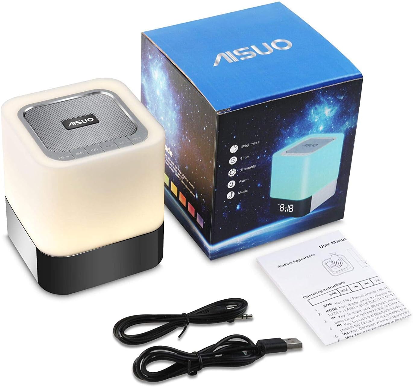 Aisuo Night Light-5 in 1 Bedside Lamp with Bluetooth Speaker,12/24H Digital Calendar Alarm Clock,Touch Control ,Support TF and SD Card,Music Player,Room Decor .