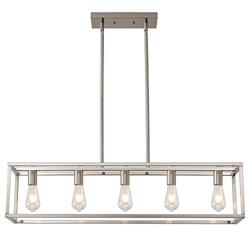 5 Lights Island Lighting Brushed Nickel Dining Room Chandelier Farmhouse Hanging Light Fixture Modern Kitchen Island Linear Lighting Farmhouse Chandelier for Bar Restaurant