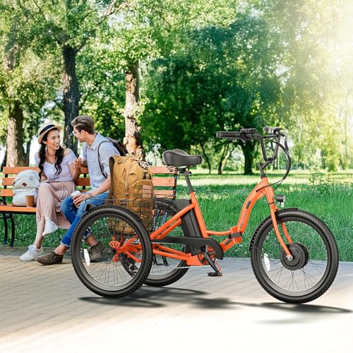 ANCHEER Electric Tricycle for Adults, 350W(Peak 550W) Etrike, 48V/499Wh Ebike, 24" Folding 3 Wheel Electric Trike, 15.5MPH & 55Miles Electric Bike, Rear Differential, Rear Basket