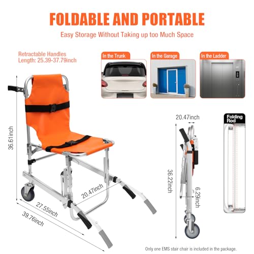 EMS Stair Chair Foldable Stair Chair Lift Ambulance Medical Lift with 2 Wheels Portable Stair Lift Chair with 2 Adjustable Straps for Elderly, Disabled 350 lbs Load Capacity (Orange)