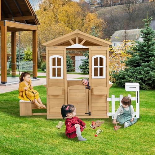 Outdoor Playhouse, Wooden Playhouse for Kids, Backyard Playhouse with Window, Mailbox, Picnic Bench, Fenced, Flowerpot Holders, Gift for Age 2+, 39" x 38" x 55.5"