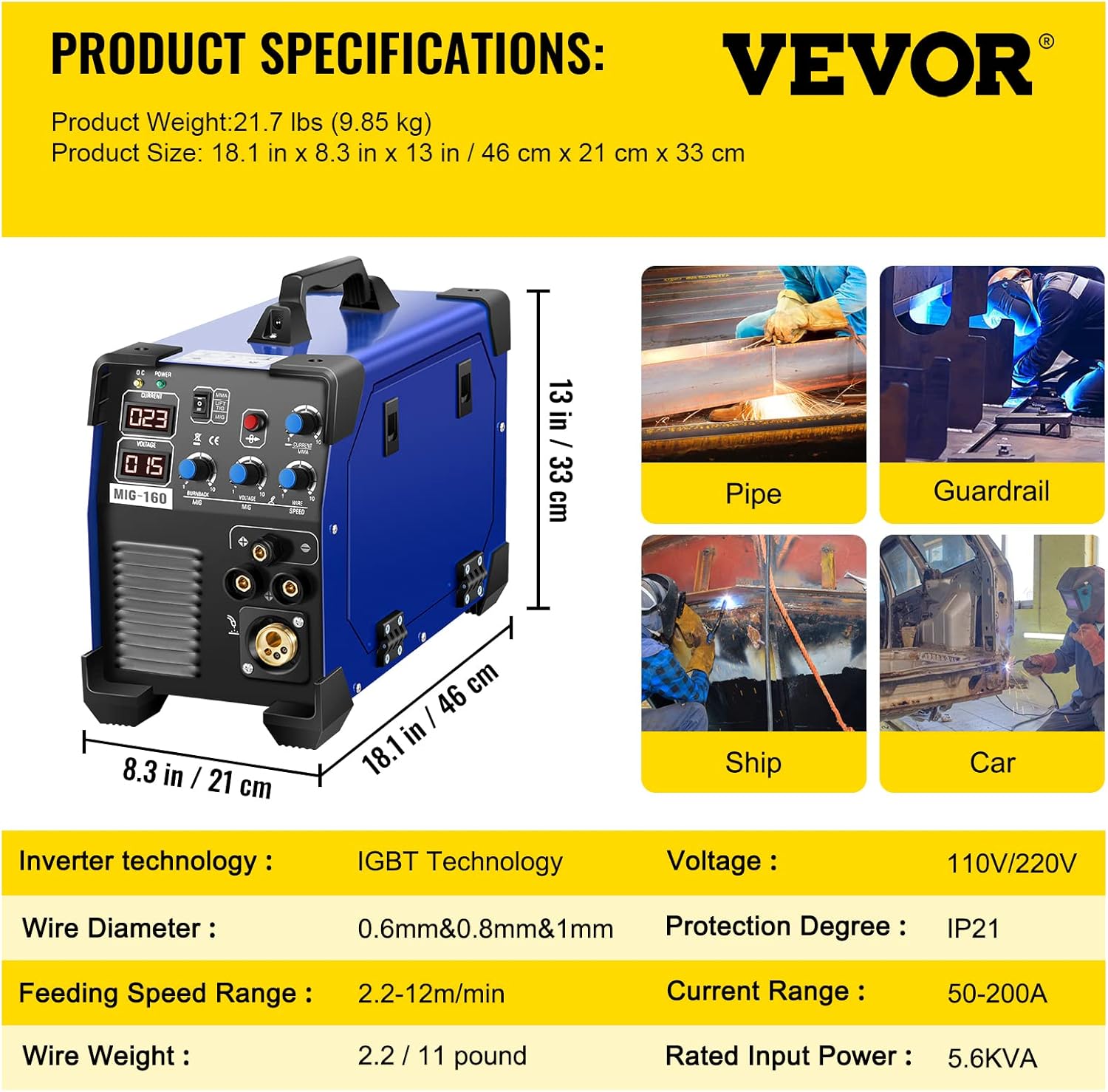 Mophorn MIG Welder, 200 Amp 3 in 1, 220V DC MIG/TIG/Arc Welding Machine, Portable TIG Welder with IGBT Inverter and Digital Display, Lift ARC Welder w/MIG Welder Torch and Cable