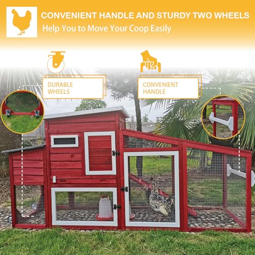 78" Wooden Chicken Coop with Nesting Wheels,Outdoor Mobile Hen House Poultry Pet House with Wheels,Removable Tray,UV Proof Asphalt Roof,Ramp Run for Backyard Garden(White/Red)