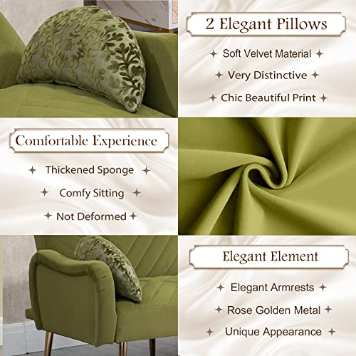 Modern Velvet Futon Sofa Bed, Convertible Loveseat with 2 Crescent-shaped Pillows, Small Sleeper Sofa with 3 Adjustable Positions, Upholstered Living Room Couch with 7 Metal Tapered Legs, Beige