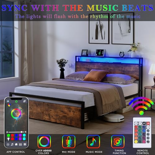 Queen Storage Headboard and 2 Drawers,Platform Bed W/Charging Station & Led Frame,No Box Spring Needed,for Bedroom,Apartment,Guest Room,Black+Brown