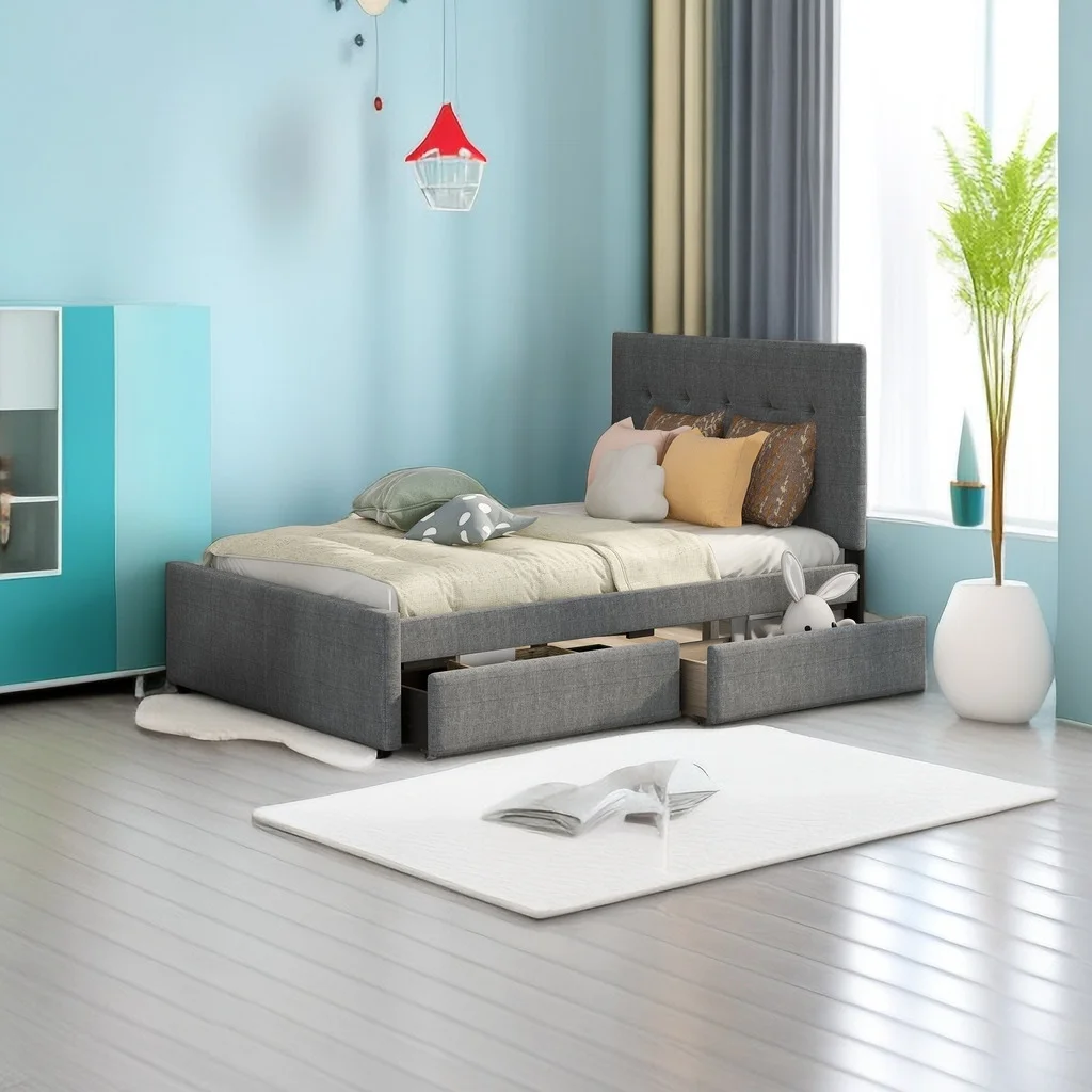Full Size Bed Frame with Headboard, Linen Upholstered Platform Bed with 2 Drawers, Simple Versatile Bedframe for Adults, Teens & Kids, No Box Spring Needed, Easy Assembly