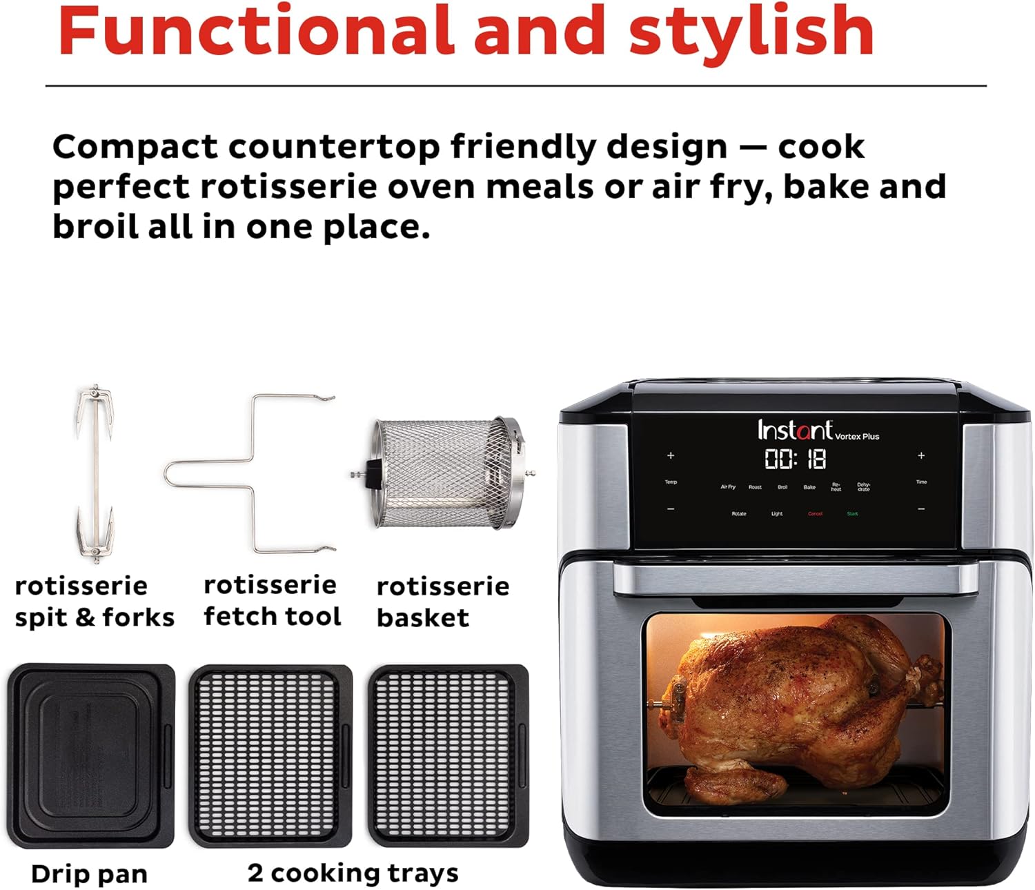 Instant Vortex Plus 10 Quart Air Fryer, Rotisserie and Convection Oven, Air Fry, Roast, Bake, Dehydrate and Warm, 1500W, Stainless Steel and Black