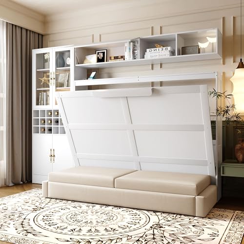 Merax Queen Size Murphy Bed Wall Bed with Sofa, Shelves, USB & Light - Space Saving Foldable Bed for Small Apartments, Grey
