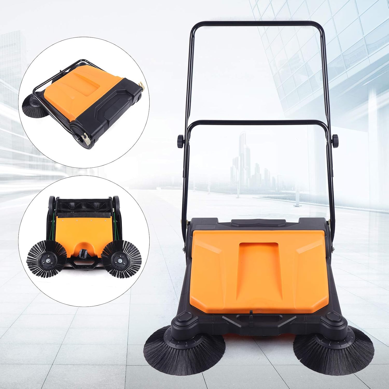 WOQLIBE Walk Behind Push Floor Sweeper, 26" Sweeping Manual Sweeper with 3.96 Waste Container, Non-Electric, Floor Sweepers for Garage, Walkway, Patio, Yard, Easy to Use & Storage