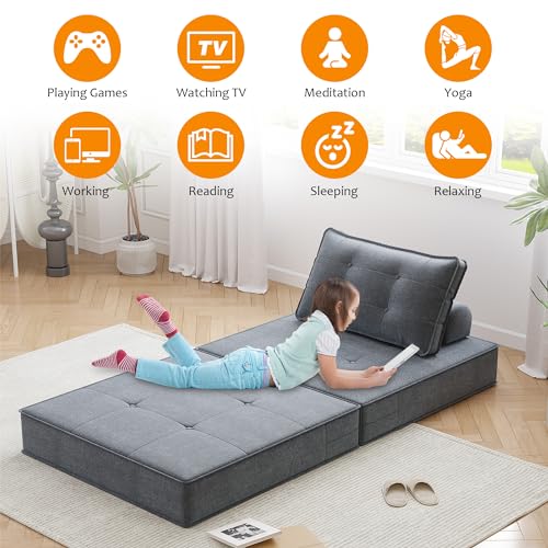Folding Sofa Bed with Back Support, Large Convertible Sleeper Chair Floor Couch with Pillow, Foldable Mattress Portable Chair Bed Floor Sofa Lounge for Living Room Bedroom Apartment (Beige)