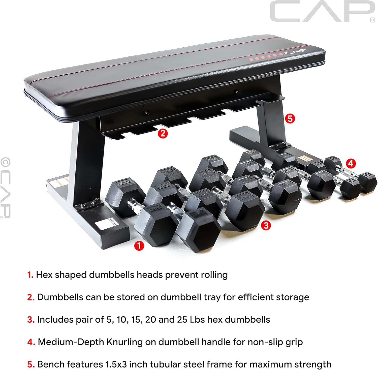 CAP Barbell Flat Bench with Dumbbell Storage and 150 lb Hex Coated Dumbbell Set