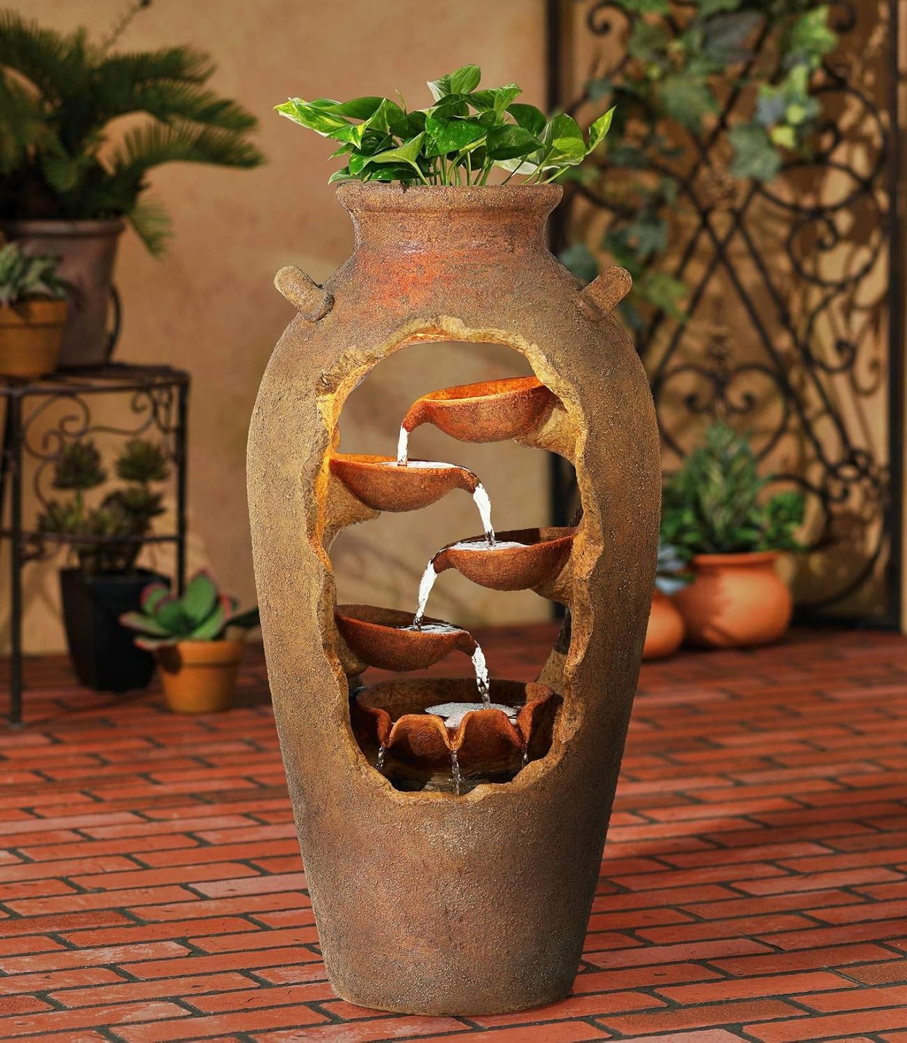 Cascade Rustic Outdoor Floor Urn Waterfalls Fountain 33" High with LED Light and Planter Decor for Garden Patio Yard Deck Home Lawn Porch House Relaxation Exterior Balcony - John Timberland