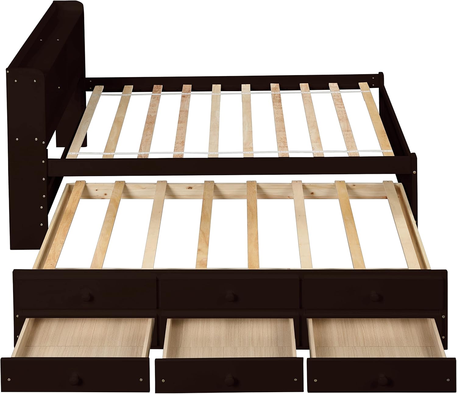 Twin Captain’s Bed with Bookcase Headboard, Wood Twin Size Bed Frame with Trundle and 3 Drawers for Kids, Teens, Adults, Espresso