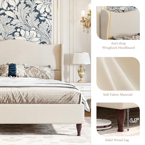King Size Bed Frame Upholstered Platform Bed with 51" Tall Headboard Wingback, Linen Fabric, Retro Simple Style Platform Bed No Box Spring Needed, Easy Assembly, Beige