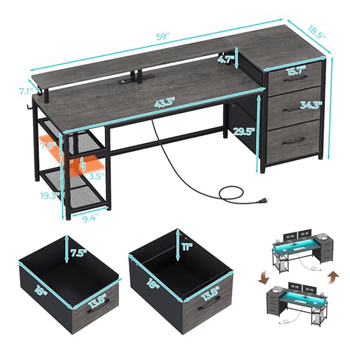 SEDETA 59" Office Desk with Drawers, Reversible Computer Desk with File Drawers & Storage, Gaming Desk with LED Lights & Power Outlet, Home Office Desks for Printer, Black
