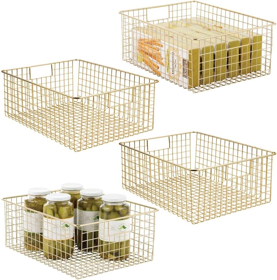 mDesign Household Metal Wire Cabinet Organizer Storage Organizer Bins Baskets trays - for Kitchen Pantry Pantry Fridge, Closets, Garage Laundry Bathroom - 16 x 9 x 3 - 4 Pack - Satin