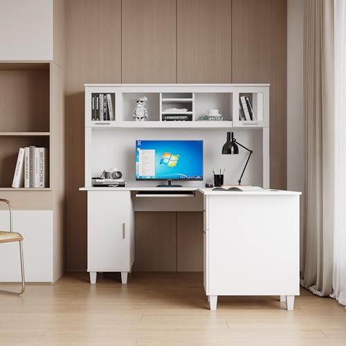 Modern Desk with Storage 2-Tier Open Shelves 1 Drawers and 1 Cabinet, Home Office Computer Desk with Hutch for Office Home Study Bedroom, White