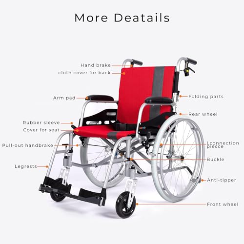 Magnesium Lightweight Wheelchair - 21lbs Self propelled Chair with Travel Bag and Cushion, Portable and Folding 17.5” W Seat, Park & Brake Anti Tipper, Swing Away Footrests, Ultra Light, Red