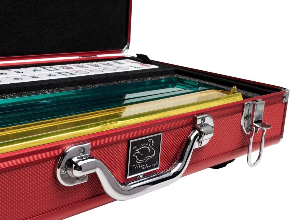 White Swan mAh Jongg Set Wheeled Aluminum Case White Tiles Pusher Arms American Mahjong Game Red