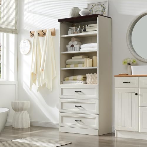 72" Tall Storage Cabinet, Farmhouse Kitchen Pantry with 3 Large Drawers & Adjustable Shelves, Versatile Cupboard for Kitchen, Dining Room, Bathroom, Antique White