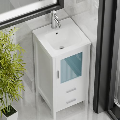 16" Small Bathroom Vanity with Sink, Single Sink Bathroom Vanity Combo for Small Space, Modern Bathroom Sink Cabinet with Faucet and Drain (White)