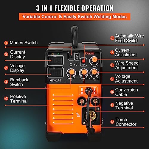VEVOR MIG Welder, 3 in 1 270 Amp Welding Machine, 110 220V MIG Lift TIG Arc Welder, Portable Lift TIG Welder ARC Welder with IGBT DC Inverter, LCD Digital Display, Welder Torch and Welding Wire