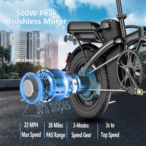 Electric Bike for Adults Peak 500W, 23MPH Max Speed Folding Electric Bicycles, 14" Mini Ebike Pedal Assist, 30° Uphill Shock Absorbers E-Bike, 48V12AH Removable Battery, Top 38 Miles PAS Range