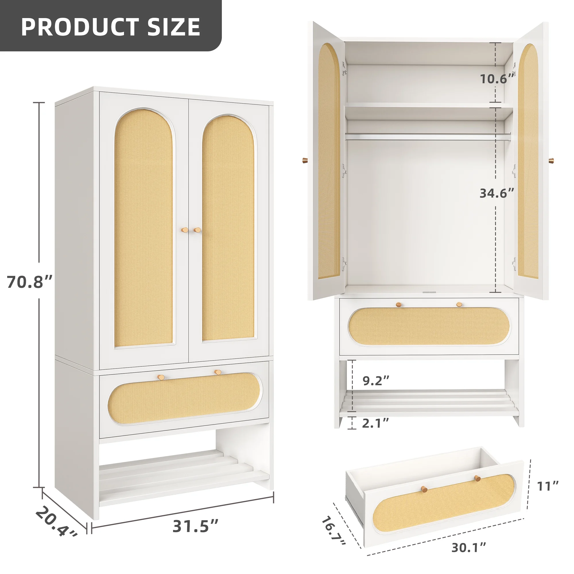 Dextrus Natural Rattan Armoire Wardrobe Closet Cabinet with 2 Doors, Armoire Storage Cabinet with Drawers and Hanging Rods, Wooden Closet Organizer for Hanging Clothes with Shelves & Steel Stand