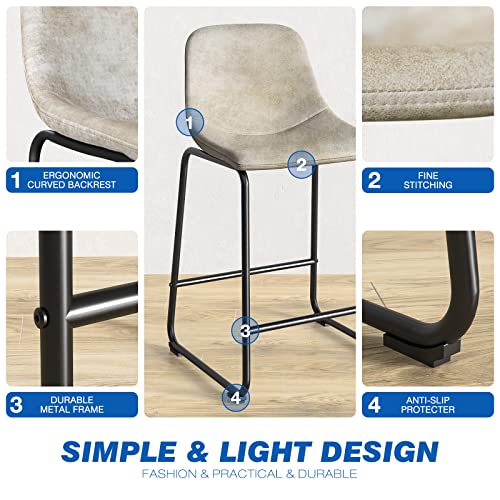 Rfiver Counter Height Bar Stools Set of 2, Counter Stool with Back, Modern Faux Leather Barstools with Metal Legs and Footrest, Dining Chairs for Home Kitchen Island, Support 500 lbs, Grey