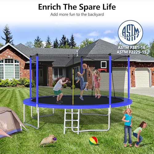 12FT 14FT 15FT 16FT Trampoline for Adults & Kids with Basketball Hoop, Outdoor Trampolines with Ladder and Safety Enclosure Net for Kids and Adults