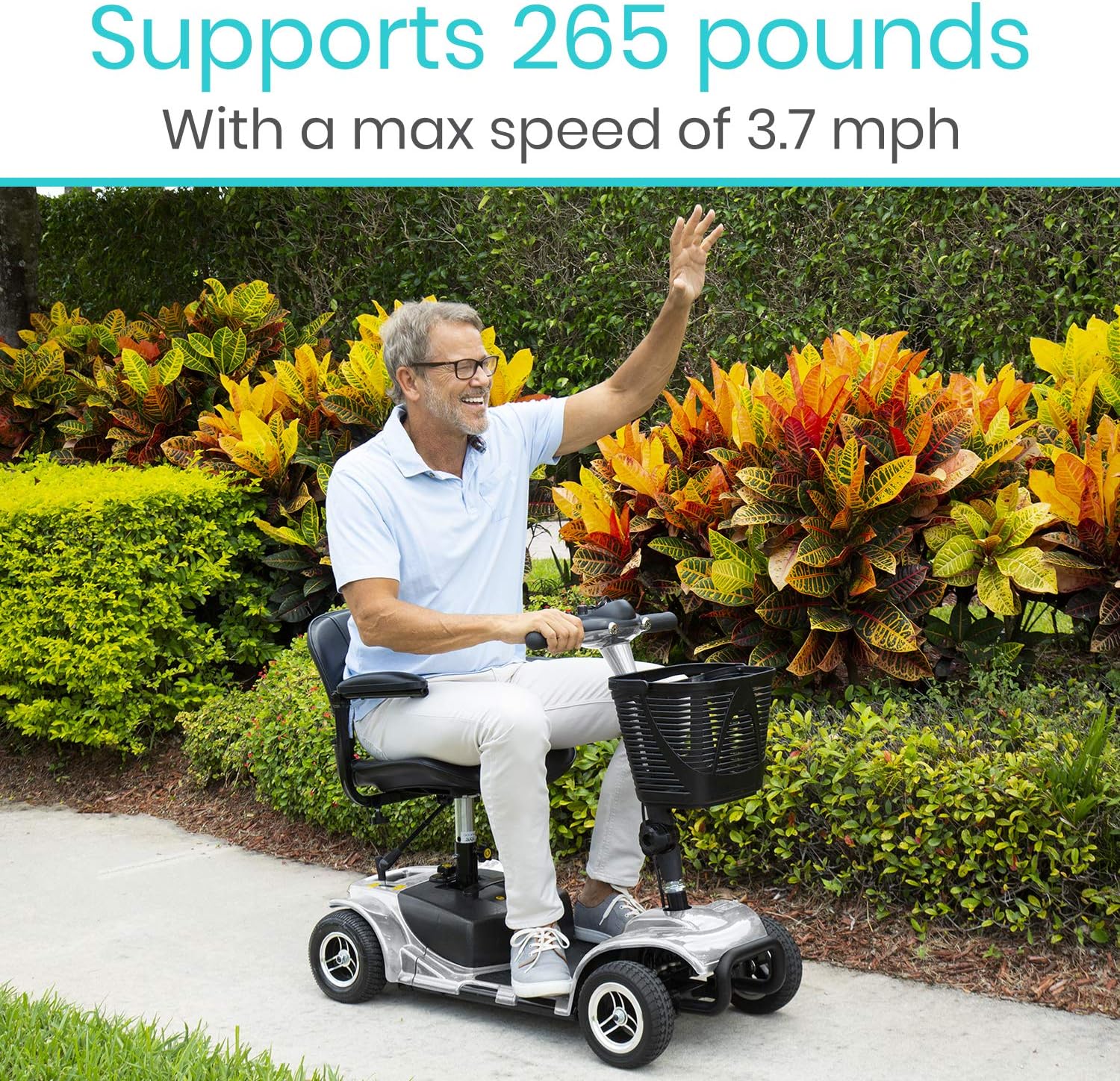 Vive 4 Wheel Mobility Scooter - Electric Powered Wheelchair Device - Compact Heavy Duty Mobile for Travel, Adults, Elderly - Long Range Power Extended Battery with Charger and Basket Included