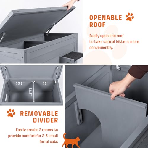 BRIOPAWS Outdoor-Cat-House-Insulated | Feral-Cat-Shelter for Winter | Weatherproof | Large Wooden Pet House for Multiple Cats | Foldable Ladder | Acrylic Side Window | Grey