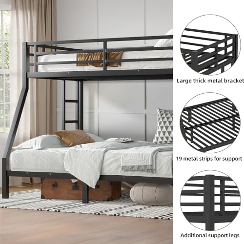 Twin XL Over Twin XL Bunk Bed, Metal Bunk Bed Frame Heavy Duty Bunk Beds Loft Bed Frame with Ladder and Guardrail Metal Slats No Box Spring Required for Adults Teens, Black