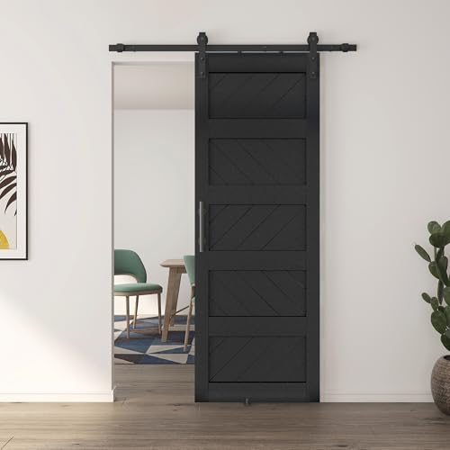 JUBEST 36" x 84" Barn Door, Slding Barn Door Kit Wave Shape Barn Door Panel with Hardware Kit Include, Easy Installation, Solid Wood, MDF & PVC Covered, Black