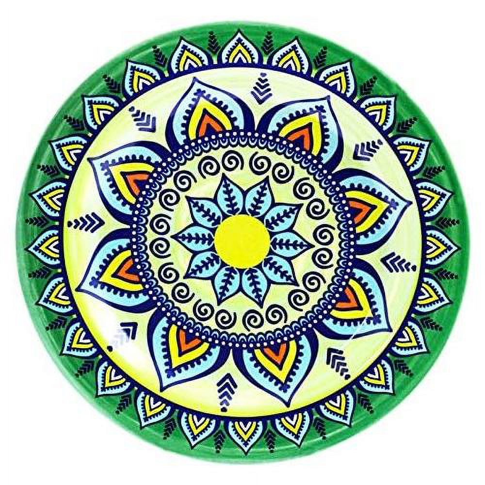 Multicolored Round Stoneware Mandala Pattern Dinnerware Set, 16 Piece, Green