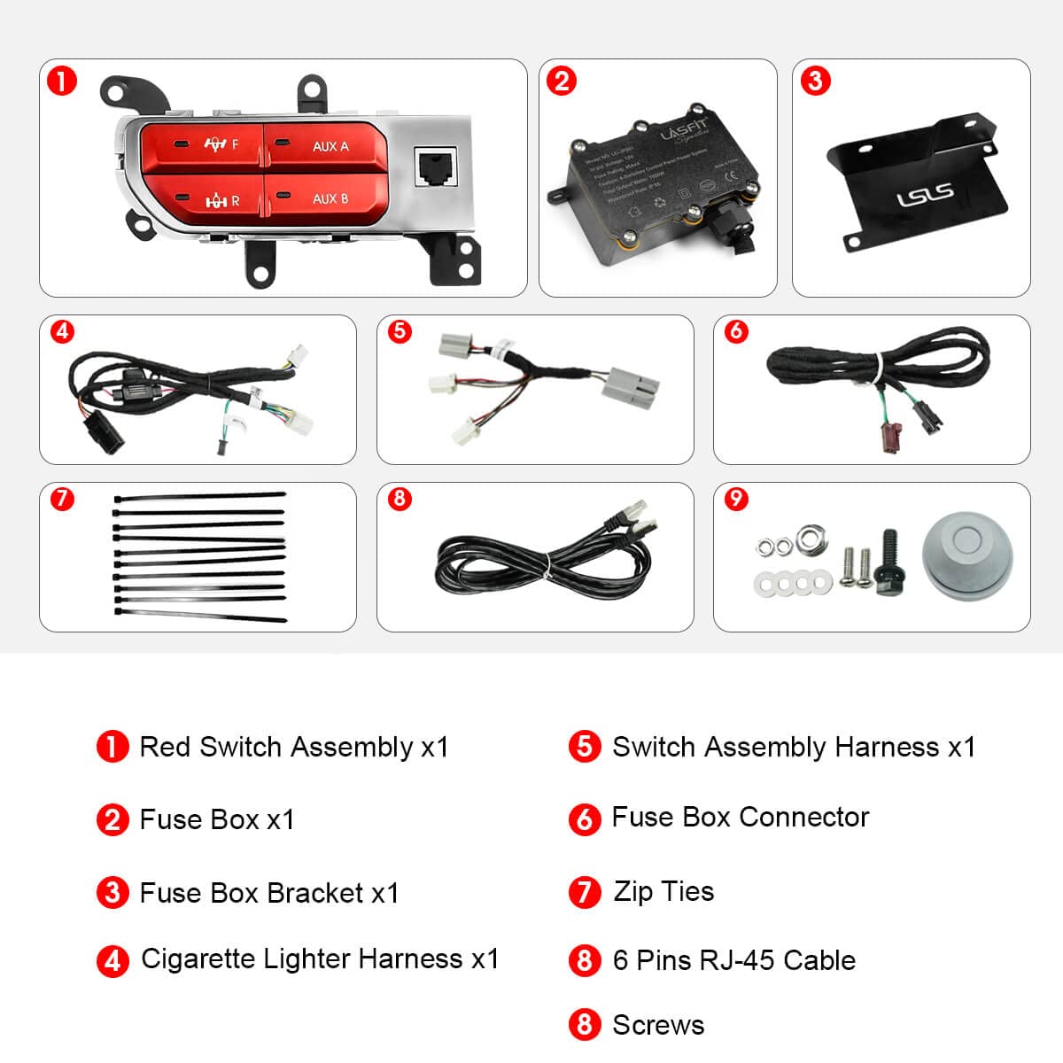 LASFIT Switch Panel, Auxiliary Switch Bank Kit, Multifunction Aux Switches for Jeep Wrangler JL / Gladiator JT, Red