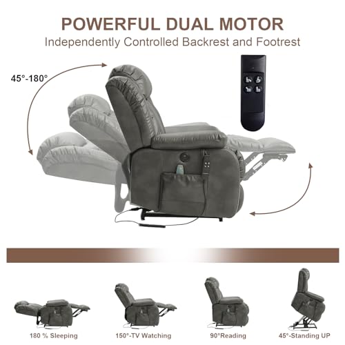 Dual Motor Lay Flat Lift Chairs Recliners for Elderly with Massage and Heat,Infinite Position Overstuffed Wide Power Lift Recliner, Genuine Leather, USB Ports and Remote Controls (Black)