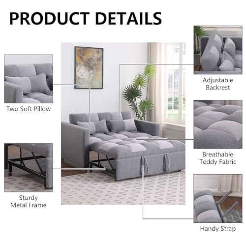 Loveseat Sleeper, Pull Out Sleeper Sofa with Adjustable Backrest and Pillows, Teddy Fabric Couch Bed for Living Room, Apartment and Small Space (Brown)