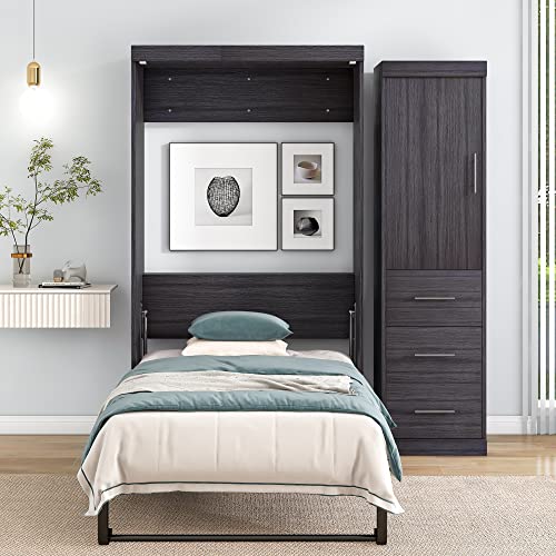 DEINPPA Full Size Murphy Bed with Convertible Wardrobe Farmhouse Style Murphy Cube Cabinet Bed, Wall Bed with Drawers and Shelf for Guest Room Home Office-Antique Wood